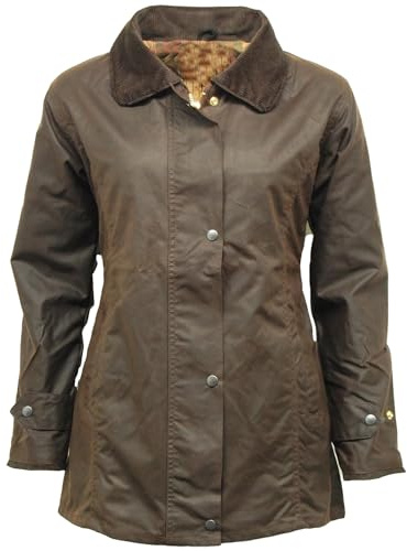 FASHIONISM Klassische Wachsjacke für Damen, mit taillierter Form und Innenfutter mit Schottenkaro, Reißverschluss und Nieten, braun, S