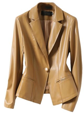 Cappotto da donna in pelle di pecora primavera autunno sottile fibbia singola capispalla signora ufficio giacca blazer in ecopelle, Giallo, S