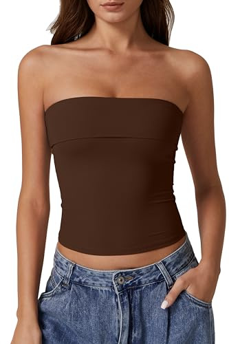 QINSEN Tube Tops for Women Strapless Double Lined Bandeau Tops Foldover Cute Bustier Tops Coffee Bean XS