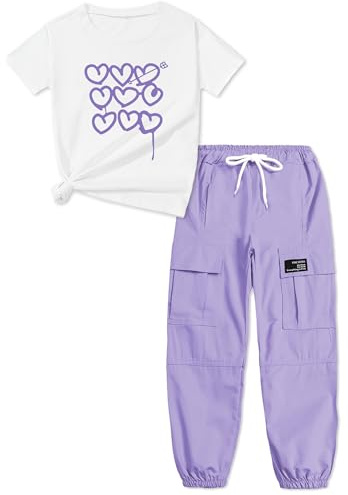 Girls 2-Piece Clothing Sets Sleeve Printed T-shirt+Casual Drawstring Elastic Waist Cargo Pants, US 13-14 Years = Tag 170