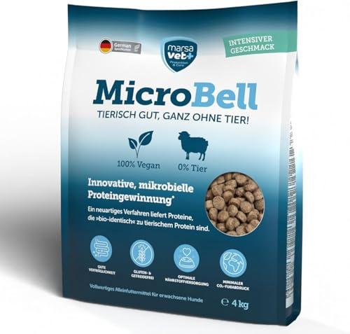 Marsavet - Croquettes MicroBell - 4 kg - Nourriture pour Chien monoprotéine avec protéines microbiennes - Convient aux végétariens, aux Personnes allergiques et aux Chiens sensibles - sans Gluten et