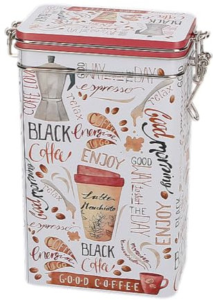 Coffee Paraphernalia Words Tin - Vintage Style Hermetically Sealed Rectangular Caddy/Kitchen Storage Canister - Brown/White - 500 g - 19.5 x 12 x 7cm