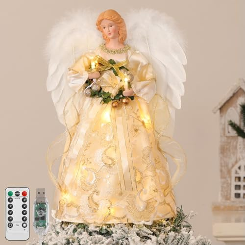 Lewondr Topper para Árbol De Navidad Ángel, 12'' Ángel Iluminado para Árbol con Alas Y Corona, 8 Modos Y Temporizador 6H USB Y Control Remoto Decoración Navideña para Hogar, Amarillo Claro