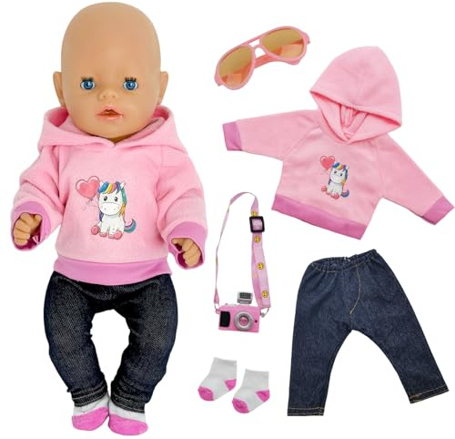5 pezzi vestiti per bambole da 35 a 43 cm, abbigliamento frangia rosa, abbigliamento per bambole da 14 a 18 pollici, ragazzo e ragazza, 1 pony, 1 felpa con cappuccio, 1 calzino, 1 paio di occhiali, 1