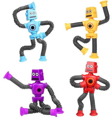 HTTDSLF 4 Pezzi Giocattolo Robot con Ventosa Telescopica, Giocattolo Sensoriale Robotico, Spremere Giocatt, Giocattolo Educativo per Alleviare Lo stress, Antistress Giocattoli