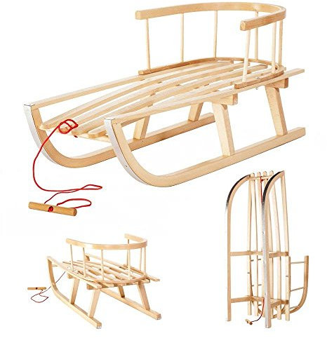 IMPWOOD Holzschlitten aus Buchenholz mit Rückenlehne & Zugseil – Stabiler Kinderschlitten mit Metallkufen – Klassischer Rodel aus Massivholz für sicheren Winterspaß