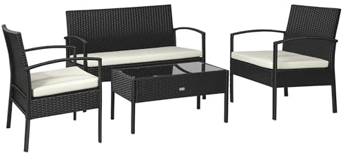 Outsunny Set da Giardino 4 Pezzi in Rattan PE, Salotto da Giardino con Tavolino da Giardino 75x40x38 cm, 2 Poltroncine 57x60x77 cm e Divano 2 posti 108x60x77 cm, Nero e Crema