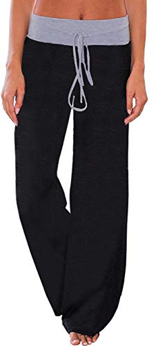 Famulily Womens Soft Pyjama Bottoms High Waisted Workout Wide Leg Lounge Trousers Black XL