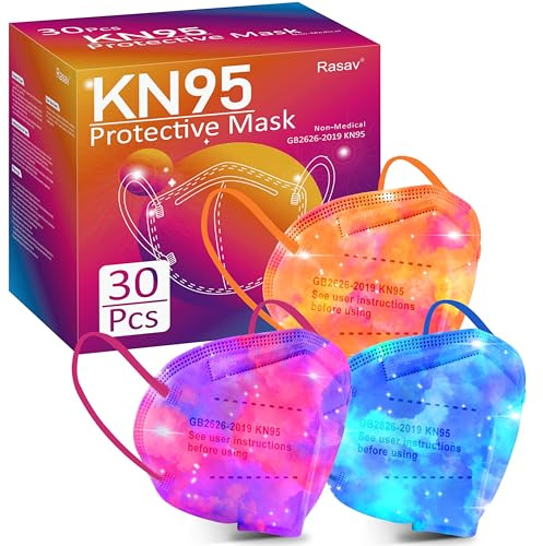 Rasav KN95 Face Masks, 30 Pack Comfortable 5 Layer Cup Dust Safety Mask, Muti-colored Design KN95 Mask with Elastic Ear Loops for Women, Men