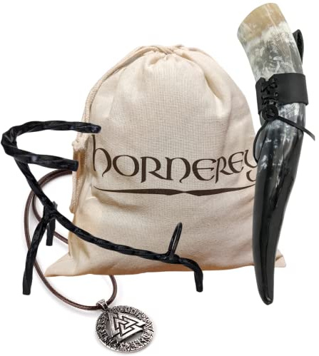 Hornerey - Juego de cuerno vikingo (450 ml, con soporte y soporte para cinturón), para methorn vikingo, decoración vikinga, LARP, jarra de cerveza medieval, mielmet, cuerno para beber 450 ml, 1 unidad