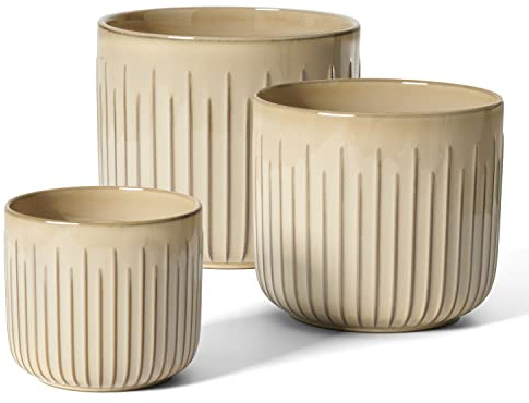 LE TAUCI Keramiska Blomkrukor 21+17,5+15 cm, Set med 3, Ytterkrukor med Dräneringshål, Ribbad Cylindrisk Design, för Svärmorstunga, Monstera och Inredning, med Nätinsats, Sandbeige