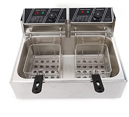 Freidoras para patatas fritas de pollo y restaurante (12 L, 2500 W, con zonas frías de acero inoxidable, freidora doble, con 2 cestas y tapas)