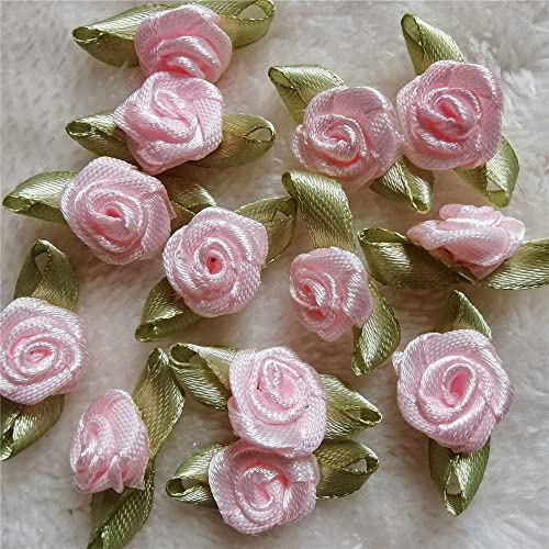 100 st 25 mm x 15 mm flerfärgade mini rosblommor satin band rosetter applikationer gör-det-själv sömnad hantverk tillbehör bröllop brud gåva dekoration (ljusrosa)