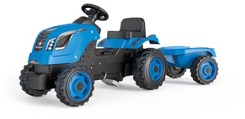 Smoby - Traktor Farmer XL Blau + Anhänger - Trettraktor für Kinder - Verstellbarer Sitz - Lenkrad mit Hupe - Motorhaube zum Aufklappen