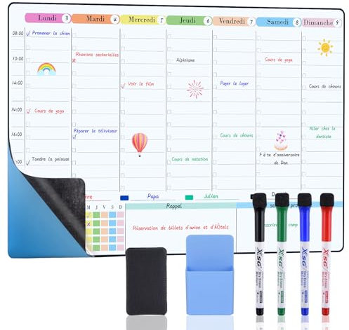 POPRUN 60x40 cm Calendrier Familial Adhesif Tableau Planning Semaine Mural, Planificateur Semainer Effaçable parfait pour Planification des Tâches, Organiseur Hebdomadaire Repas Familial - en Français