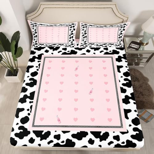 Spannbettlaken 140x200 Kuhtier 3D Spannbetttuch Rosa Bettlaken Set Weiches Mikrofaser Spannbetttücher Tiefe Tasche 30 cm Mit 2 Kissenbezügen 80x80 cm a-824