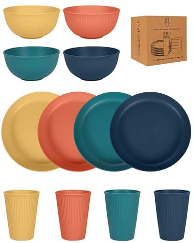 JEJA Service Vaisselle, Assiettes Service De Table 4 Personnes, Bol, Plate, Tasses, Vaisselle pour Pique-Nique, Vaisselle Incassable, Série Foncée