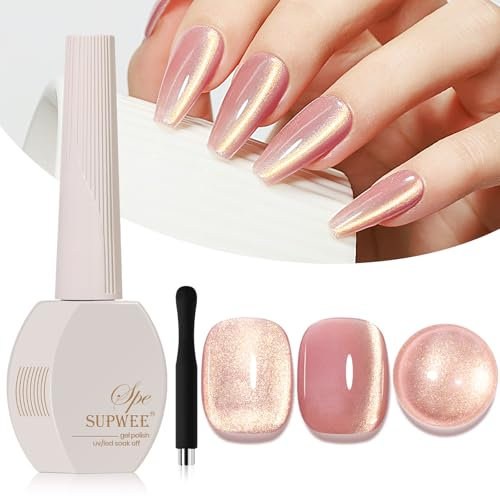 SUPWEE Gold Glitter Cat Eye Gel Nail Polish 15ML Pink Magnetic Gel Nail Polish with Magnet Soak Off Holographic Gels Polish Shimmer Cat Eye Effect Gels for Nail Art Salon