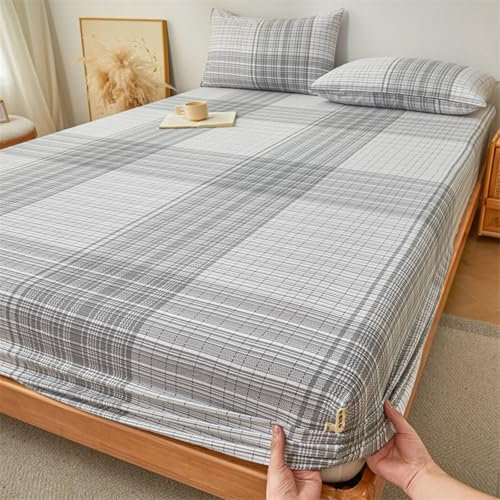 Mesnt Spannbettlaken 200x220 Baumwolle, Schachbrettmuster Bettzeug Spannbettlaken Matratzenschoner, Atmungsaktiv und komfortabel, Grau
