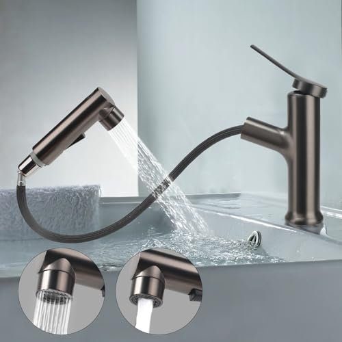 VirtuGro Robinet Salle de Bain avec Douchette Extractible Mitigeur Lavabo a 3 Modalità Cartouche Monocommande Miscelatore Eau Chaude et Froide en Céramique Blanc/Gris/Argenté/Noir (Gris foncé)