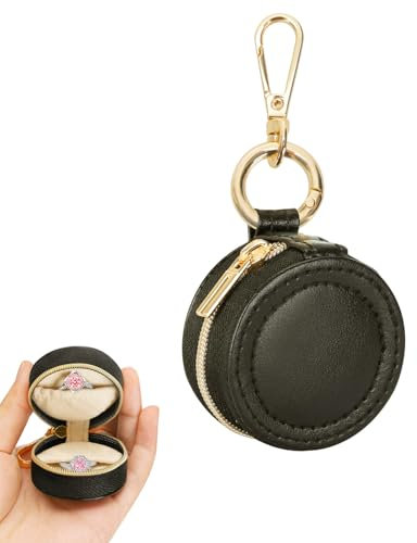 Dszemie Travel Jewelry Box with Keychain – Portable Small Ring Holder Case, Black Storage Small Jewelry Box for Rings, Earrings Accessories, Compact Ring Storage for Gym, Work & Travel