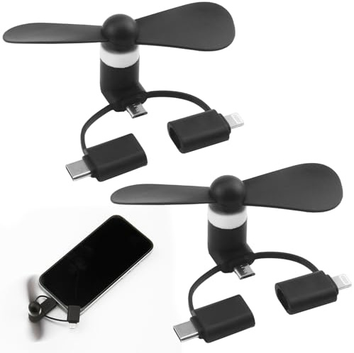 JRILUO Mini Ventilateur USB Portable Multifonction Noir, Compatible avec iOS Device Connector, Type-C, Micro-USB, Ventilateur Rotatif Compact pour Bureau, Voyage, Extérieur, Refroidissement en Été
