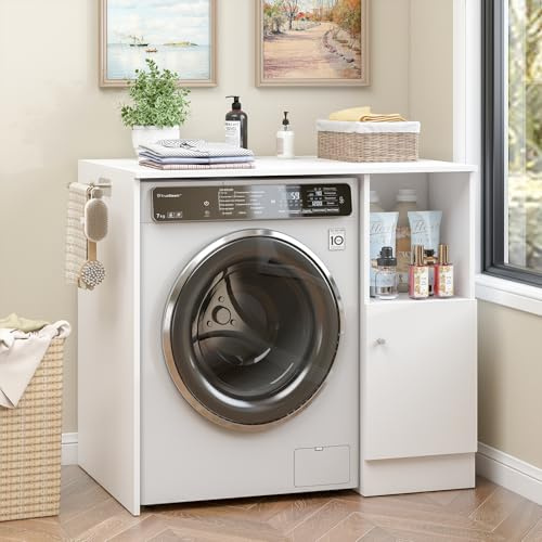 Waschmaschinenschrank, Überbauschrank für Waschmaschine und Wäschetrockner, Platzsparender Badezimmerschrank mit Offenes Fach & Schrank & Seitenstange, Waschmaschinenregal, Trockner Schrank (Weiß)