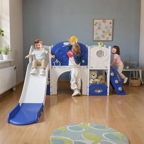 UISEBRT Tobogán infantil con escalera de escalada, túnel, espacio de almacenamiento, canasta de baloncesto y telescopio de juego, tobogán infantil de polietileno de alta densidad y polipropileno, para