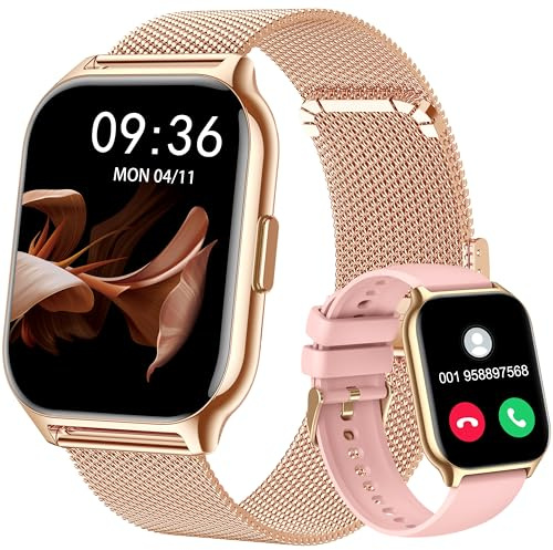 APAUK Smartwatch für Damen Herren,Fitnesstracker 2'01 Zoll mit Telefonfunktion/Sprachassistent/Message Reminder,Fitnessuhr Puls-Schlaf-Monitor(Metall Rosegold + Silikon rosa)