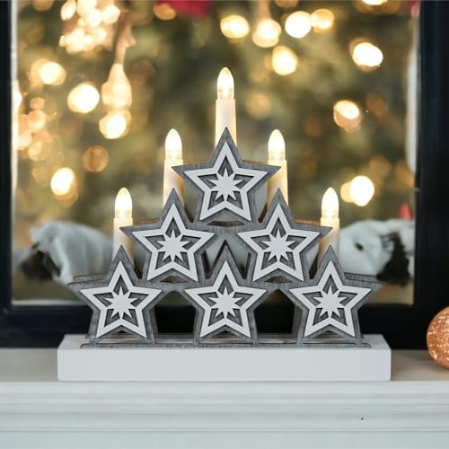 mysmartbuy.com Natural Wooden LED Candle Bridge - 5 Warm White Candles, Arch with Star Detail - Battery Operated Traditional Indoor Christmas Decoration for Mantels, Windowsills & Tabletops