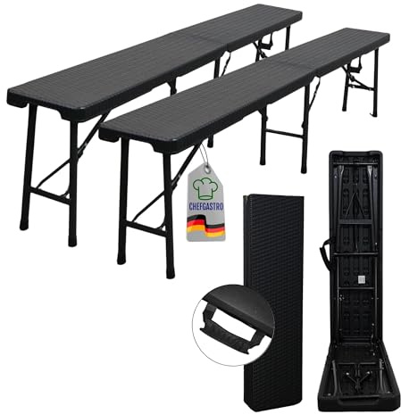 CHEFGASTRO Lot de 2 bancs de Brasserie pliants | HxLxP 43x180x25 cm | avec poignée de Transport | pour 8 Personnes | Plastique résistant aux intempéries | Aspect rotin, Noir