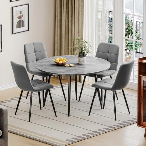 Luxstein Dining Table and Chairs Set 4, Extendable Round Concrete Folding Table with 4 Grey Upholstered Fabric Chairs for Dining Room, Kitchen