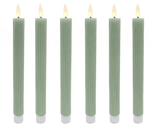 Relaxdays Candele LED a Stelo, Set da 6, Fiamma tremolante, Cera Vera, Salvia, 25 x 2 cm