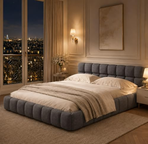 LIVLUX Lit Bubble 140x190 cm, Lit Capitonné avec Sommier à Lattes,Gris | Tête de lit rembourrée, Revêtement en lin, Design bas style tatami, Structure stable pour chambre adulte