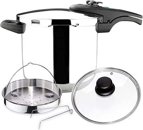 Magefesa Athenas - Pack Exclusivo Olla Express Rápida 7.5L + Cestillo + Tapa de Cristal, Acero Inoxidable 18/10, Para Inducción, Fondo Termo-Difusor