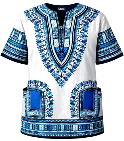 Adalex Global Traditional African Unisex Dashiki Shirt Color Tribal Festival Hippie Africa Shirt Men Women Summer Wear (Small, White Blue)