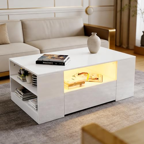 Senvoziii Coffee Table for Living Room,Side Table Modern Wooden Centre Table,Gloss Coffee Tables for Home (White Table+LED Light)
