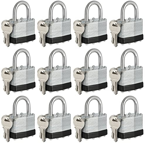 Travate Keyed Alike Padlocks, Nickel Plated Padlocks Keyed Alike Set of 12, Key Lock with 1-9/16(40mm) Wide Body 1-inch Shackle for Storage Unit, Sheds, Garages and Fence