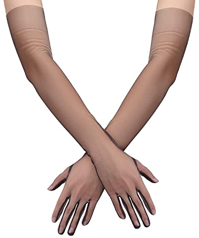 SAVITA Women Long Gloves Stretchy Elbow Length 27.6inch Transparent Long Tulle Gloves Black Mesh Costume Halloween Cosplay Opera Wedding Bridal Shower Prom