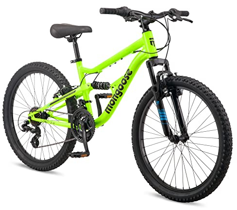 Mongoose Status Mountain Bike, 24 Inch Bike for Kids and Teens, 21 Speed, Aluminum Suspension Frame, Steel Rear Triangle, Suspension Fork, Knobby Mountain Tires, Linear Pull Brakes, For Boys and Girls