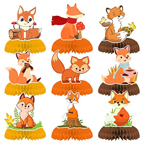 Lot de 9 centres de table en nid d'abeille 3D avec renard, animaux de la forêt, centres de table double face pour fille et garçon, décoration de fête prénatale, fête d'anniversaire