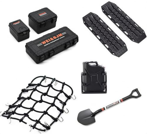 Ezweiji RC Crawler 8-i-1 biltakdekoration tankförvaringslåda, bagagenät, spade, för Traxxas Desert Racer Slash Axial SCX10 90046 D90 TRX4 1/10 crawler bil (jordisk)