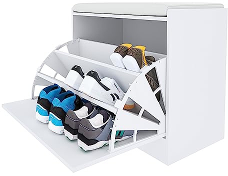 Bricozone Scarpiera Cassapanca Portascarpe in Legno Salvaspazio Capiente 9 Paia di Scarpe Tripla Anta a Ribalta con Seduta Imbottita in Similpelle Panca per Ingresso Dimensioni 60 x 30 x 48 cm Bianco