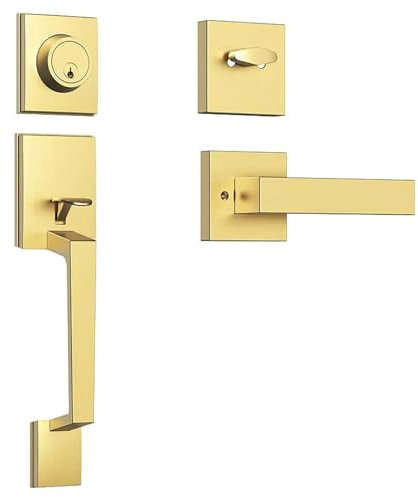 Haustürgriff-Set, goldfarben, schwerer Griff und Riegel, Eingangstürgriff, Haustürgriff und Riegelschloss, wendbar, für Rechts- und Linkshänder mit Schlüsseln