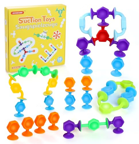 ECHOCUBE Juguetes de Succión, 28 Piezas Juguetes de Baño para Bebés, JVentosas Sensoriales, Alivio del Estrés, Juguetes de Viaje para Niños Pequeños y Adultos