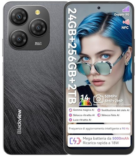 Blackview Shark 9 5G Smartphone Android 14 24GB+256GB/2TB,50MP+8MP+2MP Movil, 6.67 90Hz 700nits, 5000mAh(18W), Face ID/Fingerprint/FM/NFC/Super PD/2.7Ghz 8 Núcleos Telefonos Moviles Libres