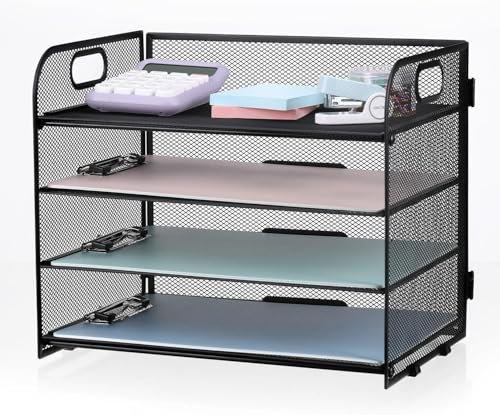 Mailain A4 Briefablage Dokumentenablage aus Metall, 4 Fächer Ablagefächer Stapelbar Papierablage, Mesh Design Ablagesystem Büro Ablage mit Griff, Schwarz, Kompakt, 32.8 x 24.7 x 27.6 cm