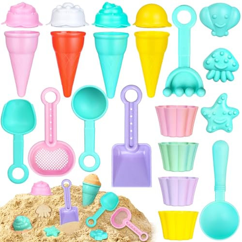 Sandspielzeug für Kinder, 21-teiliges Sandspielzeug-Set mit Eis-Formen & Tragetasche | Strandspielzeug ab 3 Jahre | Strand Sandkasten Spielzeug für Mädchen & Jungen | Inkl Schaufel, Sieb, Sandförmchen