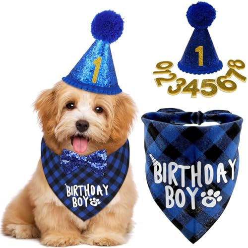 Cappello Compleanno Cane Bandana,Farfallina Cane con 9 Numeri Glitter,per Cani di Compleanno,Per Dare Agli Animali Una Festa Di Compleanno (Blu)