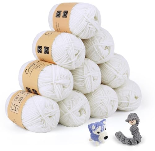 Coopay 10 Pelote de Laine à Tricoter, 450g (10x 45g), Laine Crochet Doux en Coton et Fibre, 5 Brins, Laine Crochet Tricot pour Layette, Fil à Crocheter Écharpe, Couverture, Gant - Blanc